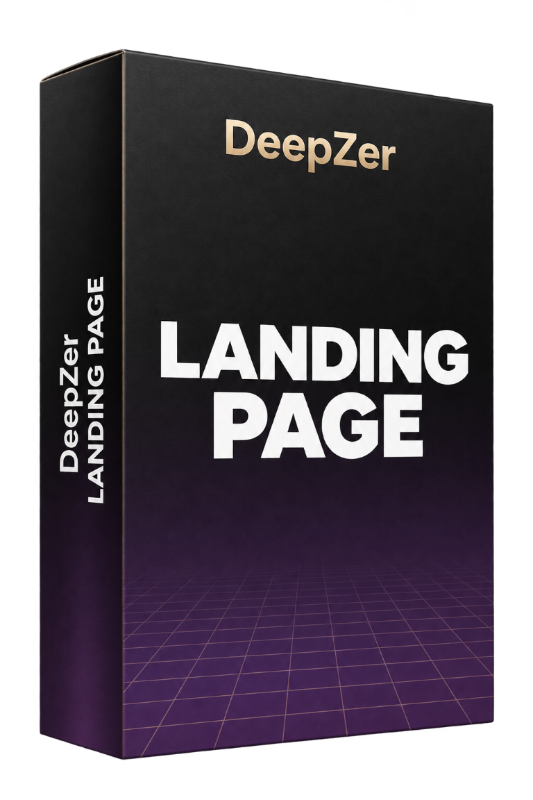 Caja 3D negra de DeepZer con el título Landing Page y detalles violetas