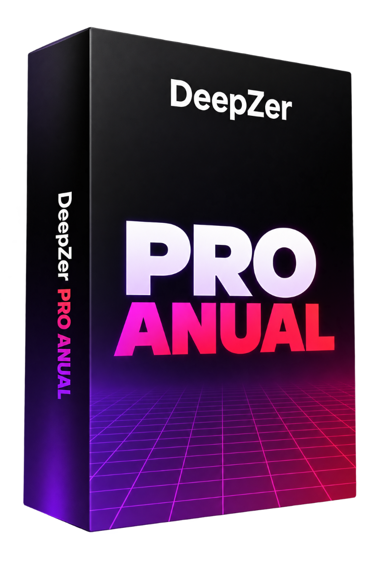 Caja de DeepZer Pro Anual, con diseño negro y acentos neón violeta y magenta